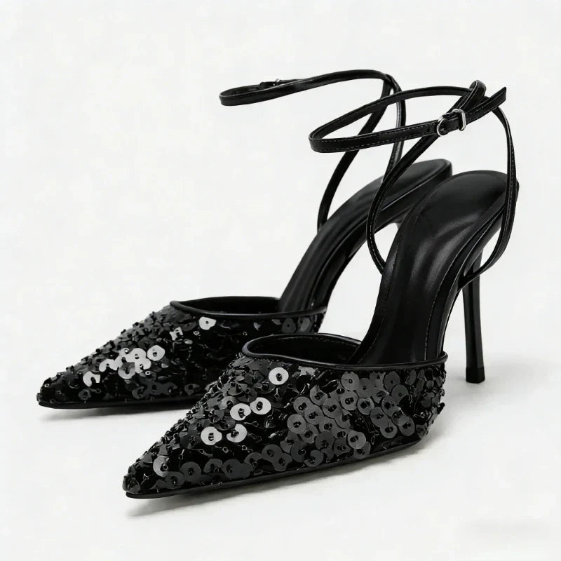 Bling Sequins Decoration Pumps Pointy Toe Ankle Strap High Heel