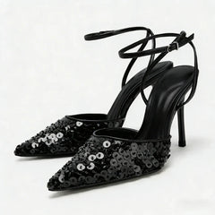 Bling Sequins Decoration Pumps Pointy Toe Ankle Strap High Heel