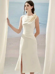3D Flower Erotic Patchwork Sleeveless Pleated Split Slim Party Dresses