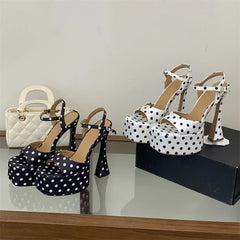 Design Style Polka Dot Square Toe Buckle Strap Sandals Platform High Heel