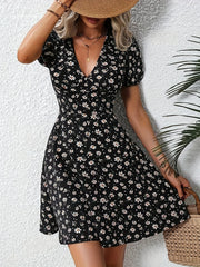 Elegant Floral Printed V Neck Fit and Flare Puff Sleeve Mini Dress