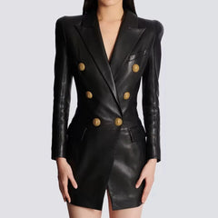 Designer Lion Metal Buttons Faux Leather High Street Blazer Dress
