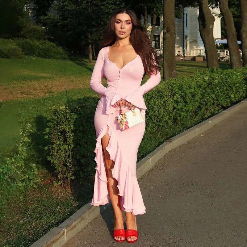 Ruffles V Neck Single-breasted Flare Sleeve Side Split Irregular Party Bodycon Dress