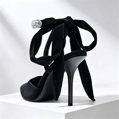 Elegant Velvet Rhinestone Embellished Pumps Pointed Toe Ankle Strap High Heel