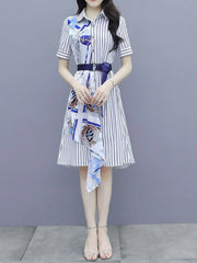 Chic and Elegant Stripe Short Sleeve Splicing Pretty Shirt Dress