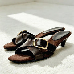 Retro Brown Cross Tied Mules Sandals Belt Buckle Detail Kitten Heel