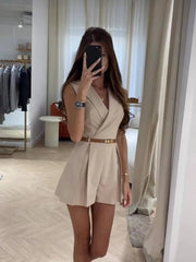 Elegant Solid Color Office Lady Temperament Sleeveless Lapel Slim Short Jumpsuit