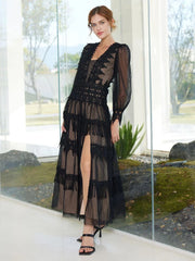 Casual Fringe Lace Deep V-Neck Long Sleeves High Slit Polka Dot Maxi Dress