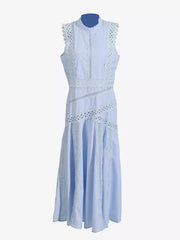 Elegant Sleeveless Long Dress With Lace Eyelet Detail