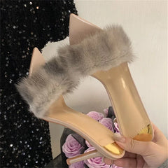 Slippers Designer Feather Open Toe Thin High Heel
