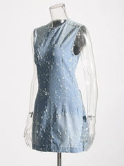 Elegant Round Neck Sleeveless Tunic Patchwork Pockets Hollow Out Slim Mini Dress