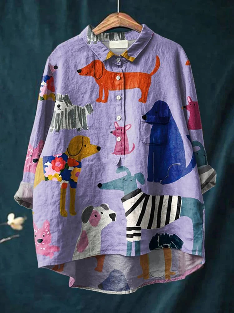 Women's Dog Art Print Casual Cotton And Linen Shirt