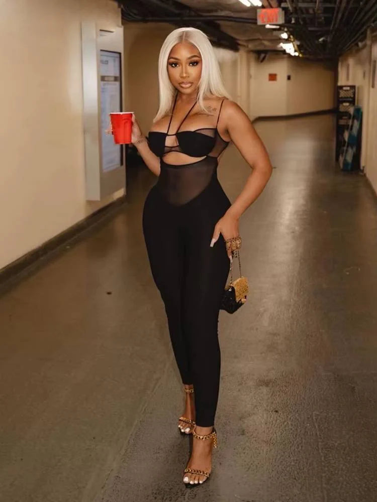 Elegant Solid Mesh Casual Spaghetti Strap Body-Shaping Jumpsuit
