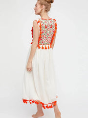 Embroidered Sleeveless Tassel trim Maxi Dress