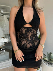 Lace Sheer Backless V-neck Embroidered Patchwork Solid Trend Party Bodycon Dress
