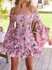 Casual Slash Neck Flare Sleeve Chic Ruffles Patchwork Printed Mini Dress
