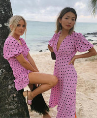Casual Polka Dot V Neck Short Sleeve Pleated Ruffle Elastic Party Mini Dress
