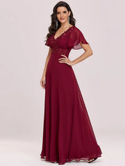 Prom A-Line Chiffon Short Sleeves Floor-Length Dresses