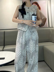 Casual Printing O Neck Sleeveless Top High Waist Loose Pant Two Piece Set