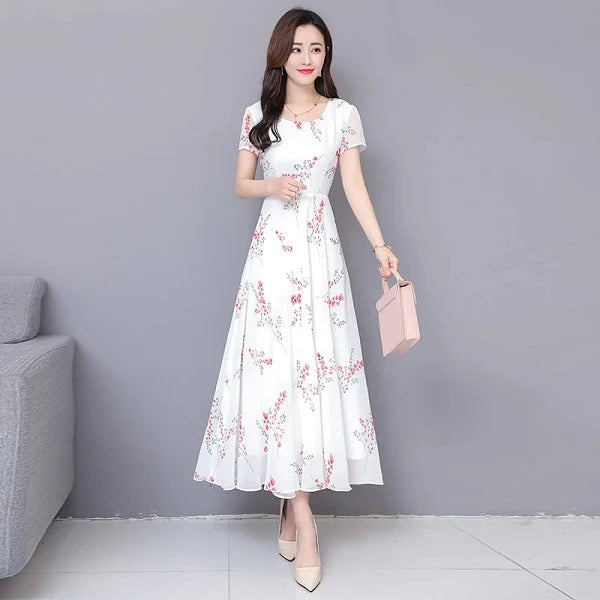 High Waist Slim Short Sleeve Ankle-Length Chiffon Midi Dresses