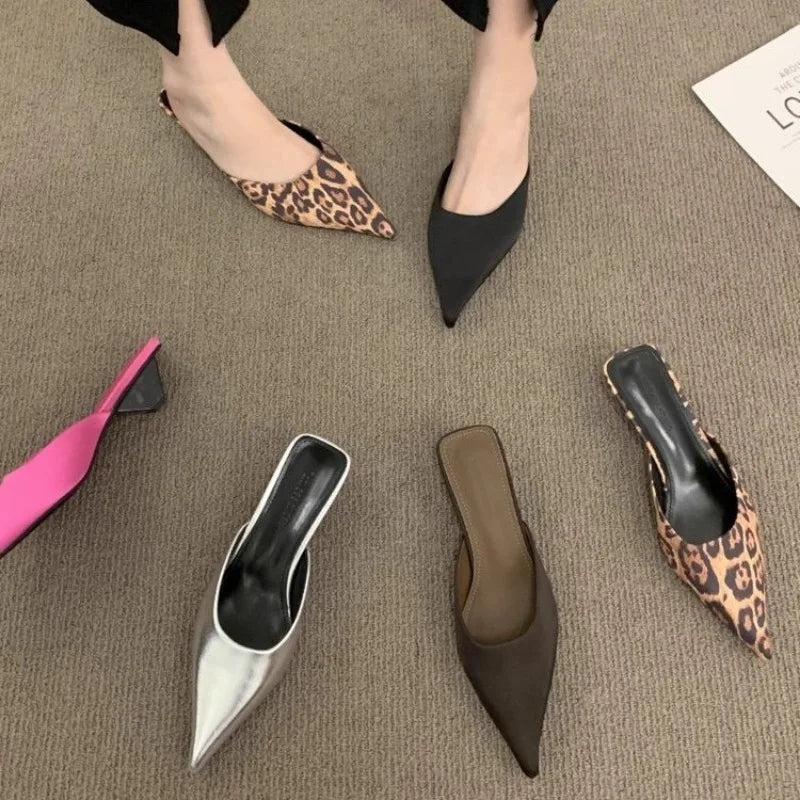 Luxury Pointed Toe Mules Slipper Candy Color Ladies Elegant Dress Sandal Square Low Heel
