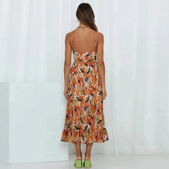 Printed Sundress V-neck Backless Dress