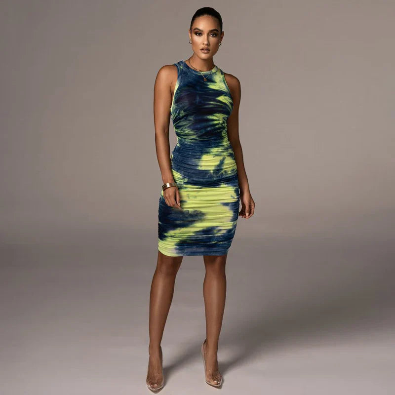 Casual O-neck Tie Dye Style Patchwork Skinny Medium Stretch Mini Dress
