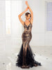 Elegant Spaghetti Strap Lace Up Gold Sequined A-Line V Neck Backless Evening Maxi Dress