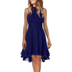 Elegant Cropped Layered Solid Halter Casual Sleeveless Chiffon Party Dress