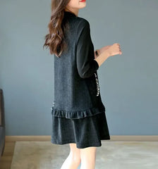 O-Neck Pockets Spliced Beading Ruffles Solid Color Casual Dresses