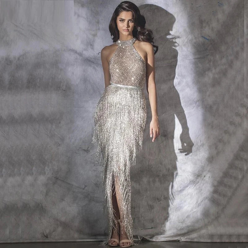 Mermaid Sleeveless Luxury Halter Tassel Party Dress