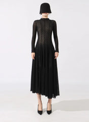 Hollow Out O-Neck Slim Fit Long Sleeve Robe High Waist Pleated Party Mesh Maxi Dresses