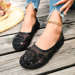 Embroidery String Bead Mesh Ballet Flats Pink Pearl Mary Jane Shoes