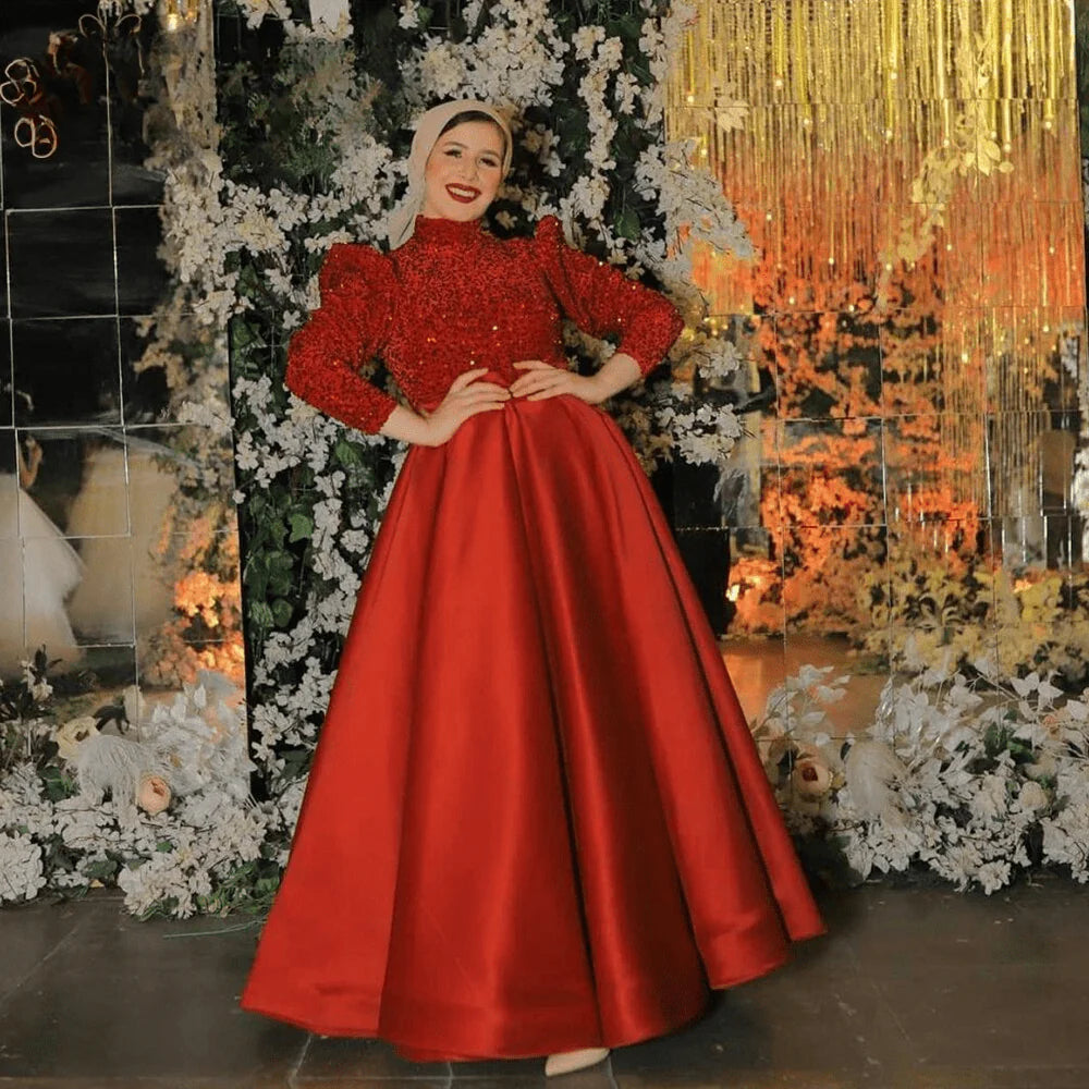Long Puff Sleeves High Neck Aline Satin Evening Dress