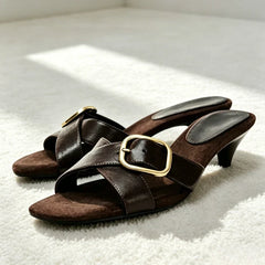 Retro Brown Cross Tied Mules Sandals Belt Buckle Detail Kitten Heel