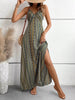 Bohemian Ethnic Spaghetti Strap Pattern Backless Split Thigh Maxi Dress