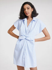 Stripe Print Solid Button Twisted Short Sleeve Lapel Dress