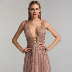 Deep-V Tulle Glitter A-Line Evening Dresses