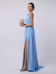 Floor-Length High-split Halter A-Line Draped Chiffon Bridesmaid Dress