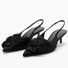 Elegant Satin Pleated Bow Pumps Pointed Toe Slingback Kitten Heel