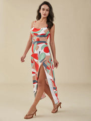 Color Block Adjustable Strap Open Back Slit Dress