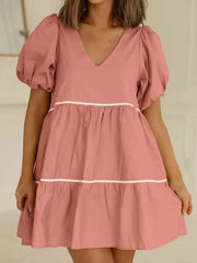 Casual V-Neck Patchwork Short Sleeve Elegant Loose Mini Dress