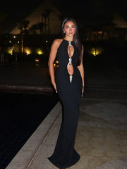 Hollow Out Pearl Tassel O Neck Sleeveless High Waist Bodycon Club Party Long Dress