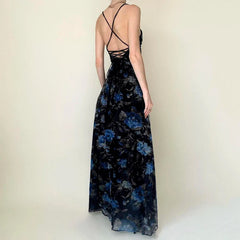 Vintage Floral Printed Split Elegant Backless Bandage Beach Long Dress Boho Vacation Dress