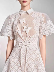 Elegant Lapel Short Sleeve Lace Patchwork 3D Flower Lace-up Party Midi Dresses
