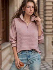Women's Pullover Sweater - Knit Ribbed Texture - Half-Zip Stand Collar - Relaxed Fit