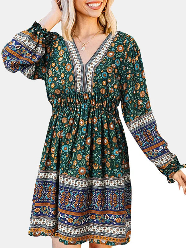 Ethnic Print Patchwork Lantern Sleeve Elastic Waist Midi Dress
