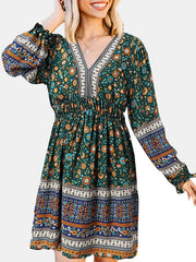 Ethnic Print Patchwork Lantern Sleeve Elastic Waist Midi Dress