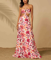 Halter Cutout Floral Backless Mini Evening Gown Leisure Beach Vacation Floor Length Dress