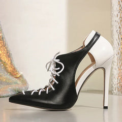 Novelty Patchwork Design Gladiator Sandals Pointy Toe Cross Lace Up High Heel